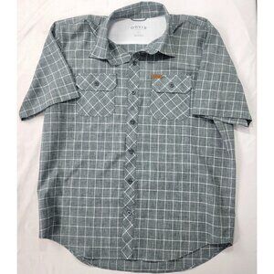 Orvis Men's Short Sleeve Button Down Gray Plaid Shirt Sz LARGE Polyester Summer
